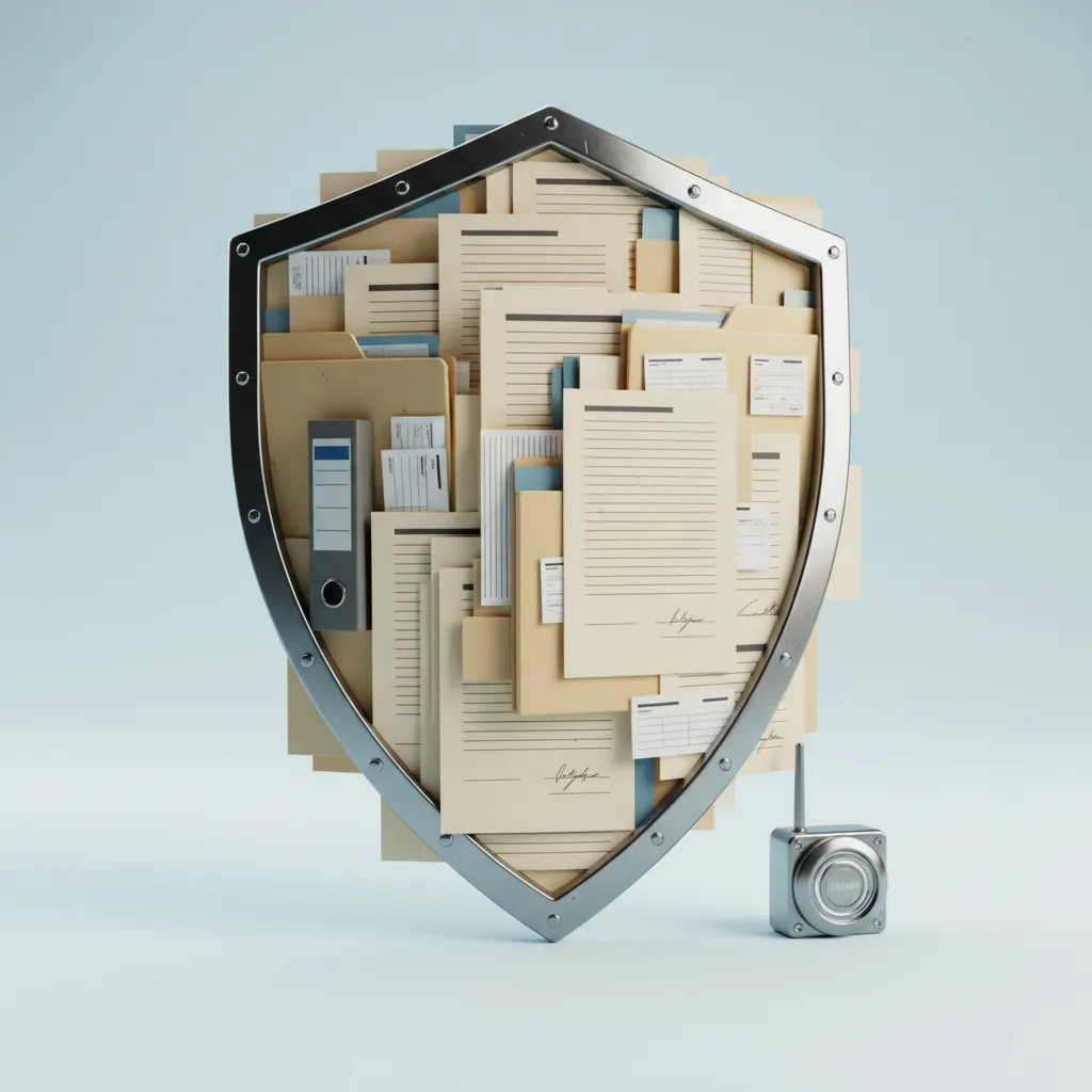 A protective shield built from neatly organized compliance documents, illustrating that documentation beats technology in enterprise security audits