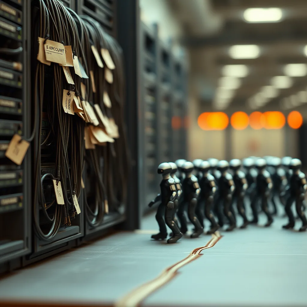 An old enterprise rack of forgotten service accounts on the left feeding into a swarm of autonomous AI agents on the right, all holding access badges nobody is reviewing