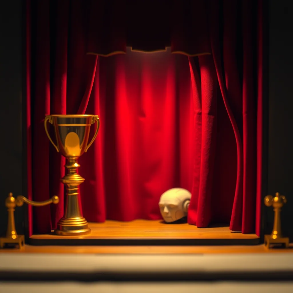 A spotlit golden trophy on a theatre stage while a cracked AI model core hides behind the curtain