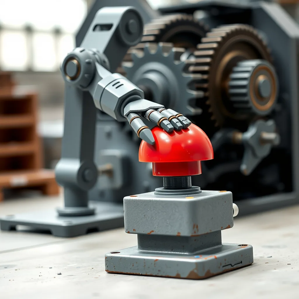 Ein Roboterarm drückt den Not-Aus-Knopf derselben Maschinenbaugruppe, deren Zahnräder dahinter weiterlaufen