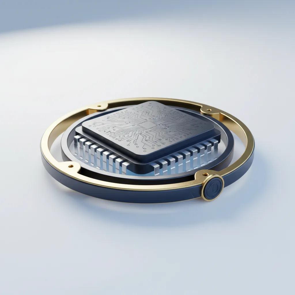 An AI processor chip enclosed by three interlocking regulatory rings representing GDPR, NIS2 and the EU AI Act in AI security consulting