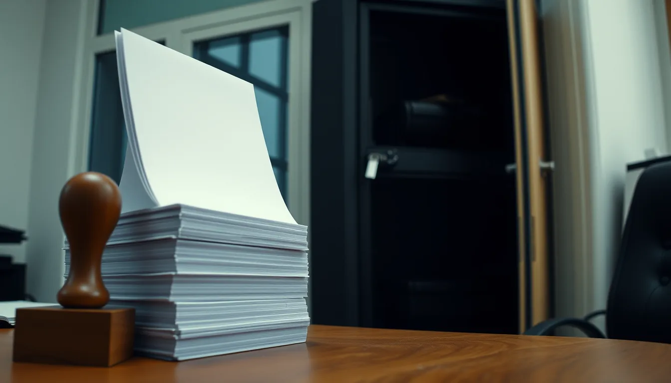 A tall stack of blank paper forms and a wooden rubber stamp on an office desk, with a padlocked server cabinet in the dark room behind