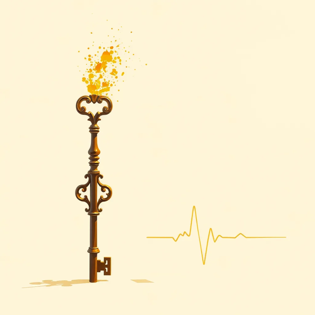An ornate antique key crumbling into light beside a steady heartbeat pulse line, symbolising continuous verification