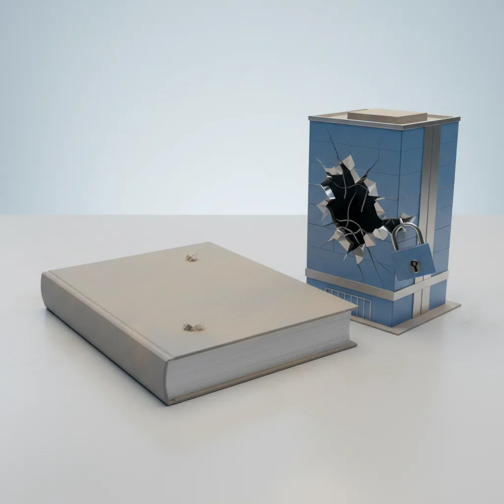 A thick security-assessment report sitting unused on a shelf while the company's security gap stays open, illustrating broken cybersecurity consulting in Germany