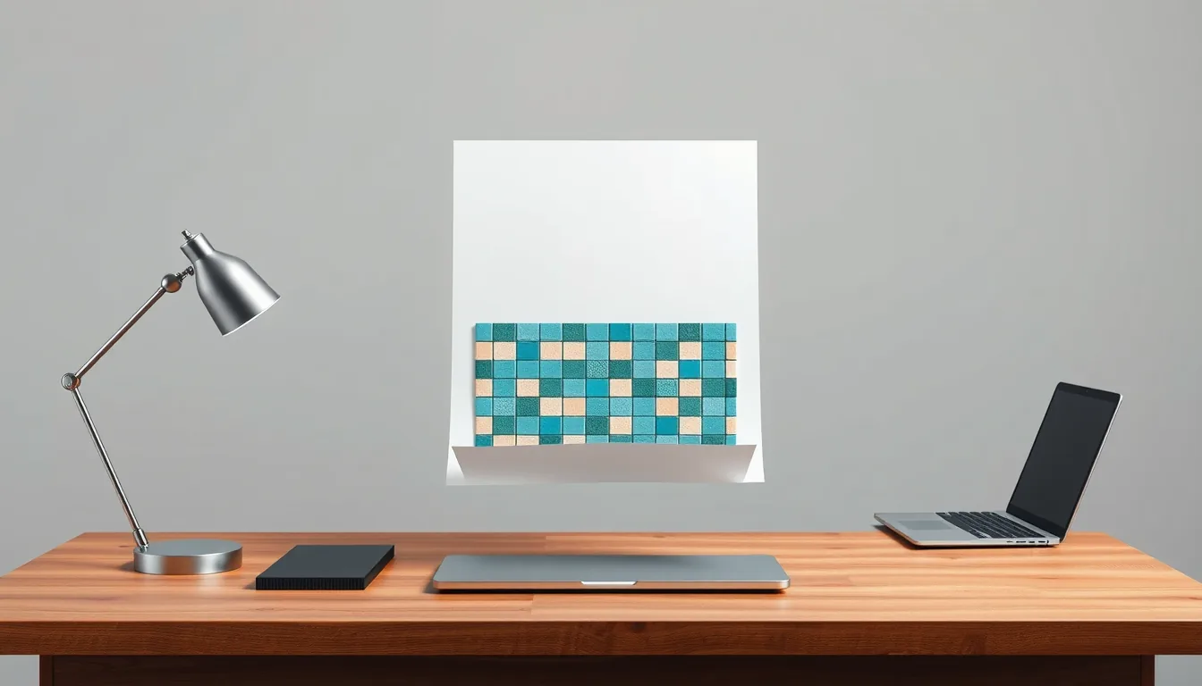 Ein leeres Blatt Papier über einem Holzschreibtisch, das ein Raster farbiger Datenkacheln freigibt, neben Schreibtischlampe und Laptop