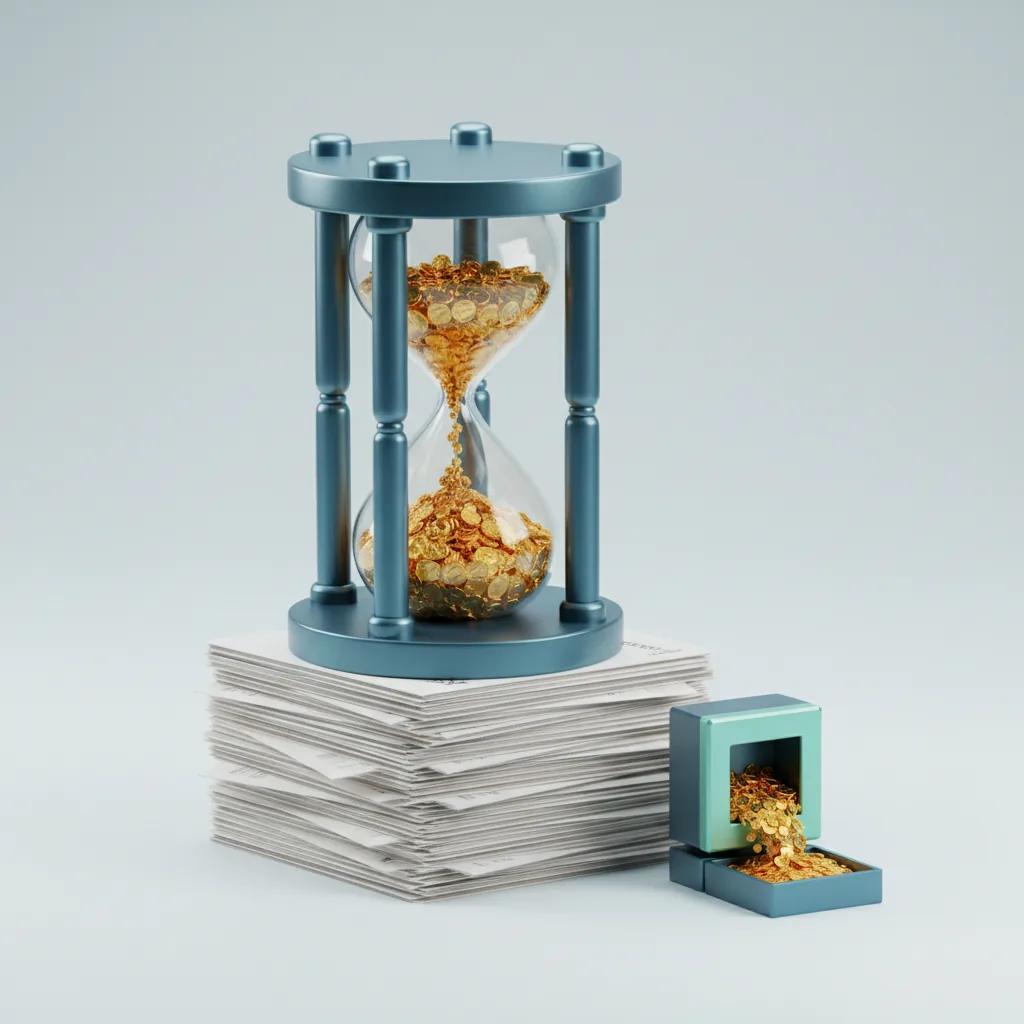 An hourglass draining gold coins over a stack of manual firewall change tickets, illustrating the cost and ROI of enterprise firewall automation