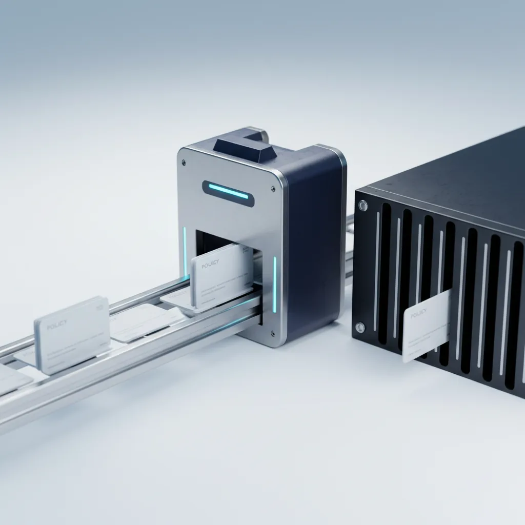 Firewall policy rule-cards moving through an automated inspection gate into a firewall appliance, illustrating firewall change automation with FwChange