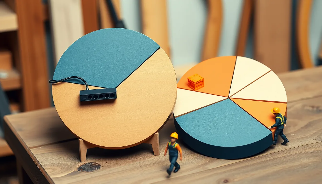 Two wooden pie charts on a workbench, a network switch resting on the left one while miniature construction workers carry an orange crate around the right one
