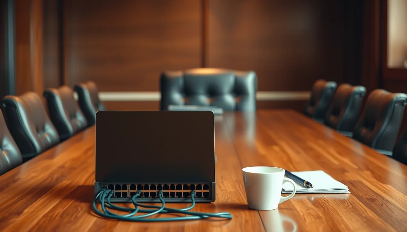 Leerer Lederstuhl am Kopfende eines langen Konferenztisches, davor ein Laptop und ein verkabeltes Netzwerkgerät, die auf eine Entscheidung warten