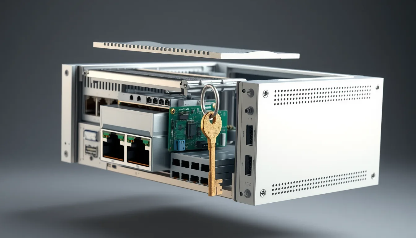 Explosionsansicht einer Firewall-Appliance mit abgehobenem Deckel, Platine und Ports, im Inneren des Geräts hängt versteckt ein Messingschlüssel
