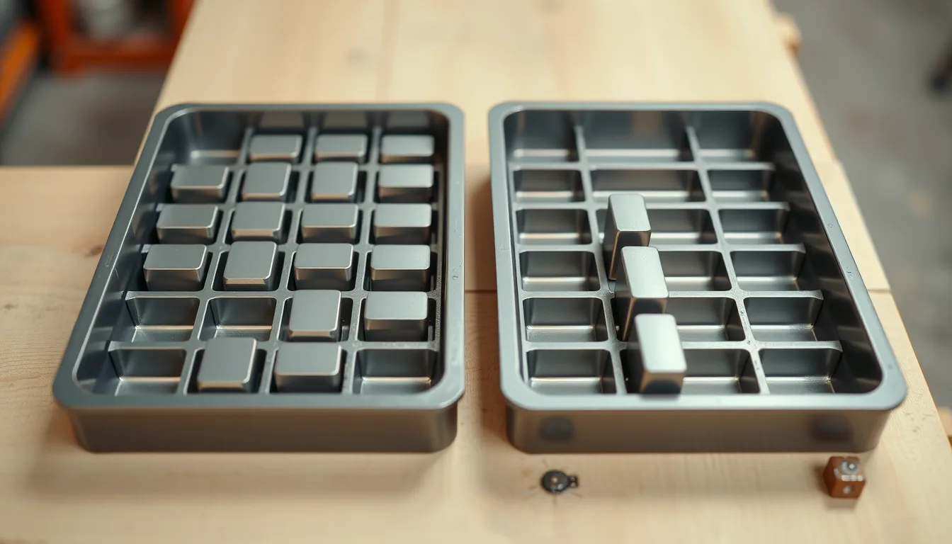 A workshop tray of twelve compartments holding only three metal billets, beside one billet standing at an unchanged height mark