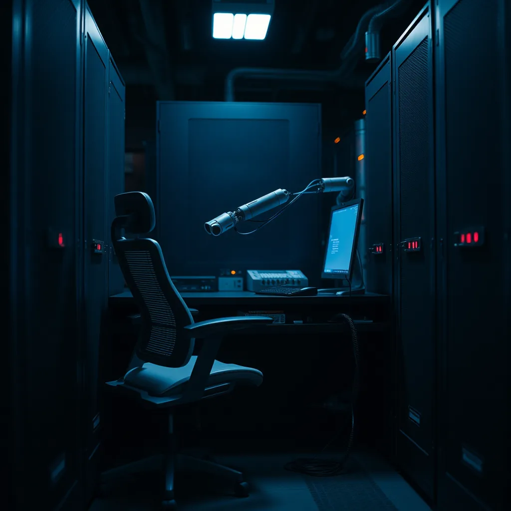 Ein leerer Operator-Stuhl vor einem Terminal, das von selbst einen kompletten Ransomware-Einbruch ausführt, kein Mensch an der Tastatur