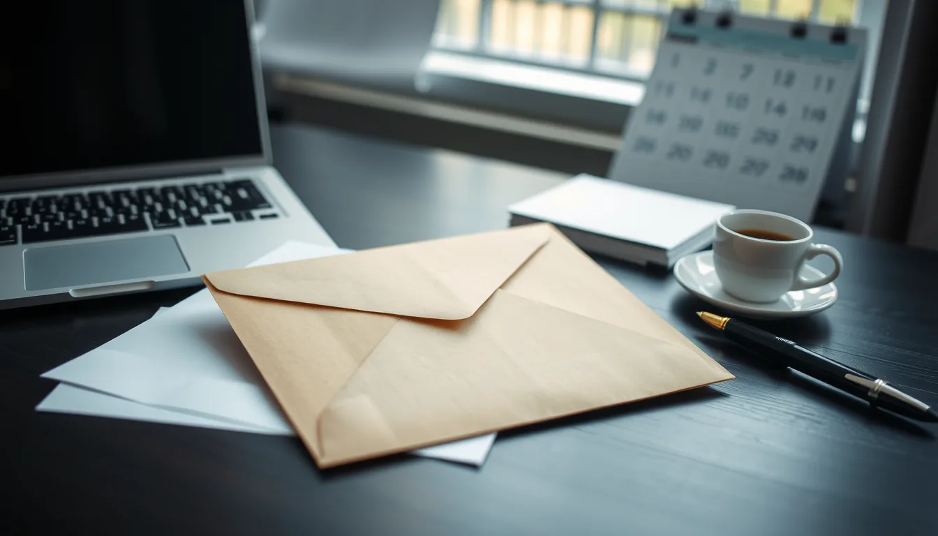 An unopened envelope from the tax office on an office desk next to a laptop and a printed list of network address ranges