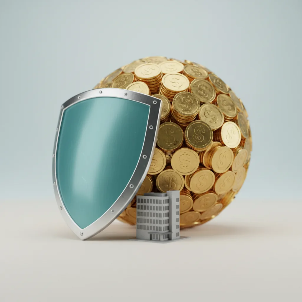 A security shield holding back a giant boulder of breach-cost coins, illustrating the return on investment of security consulting