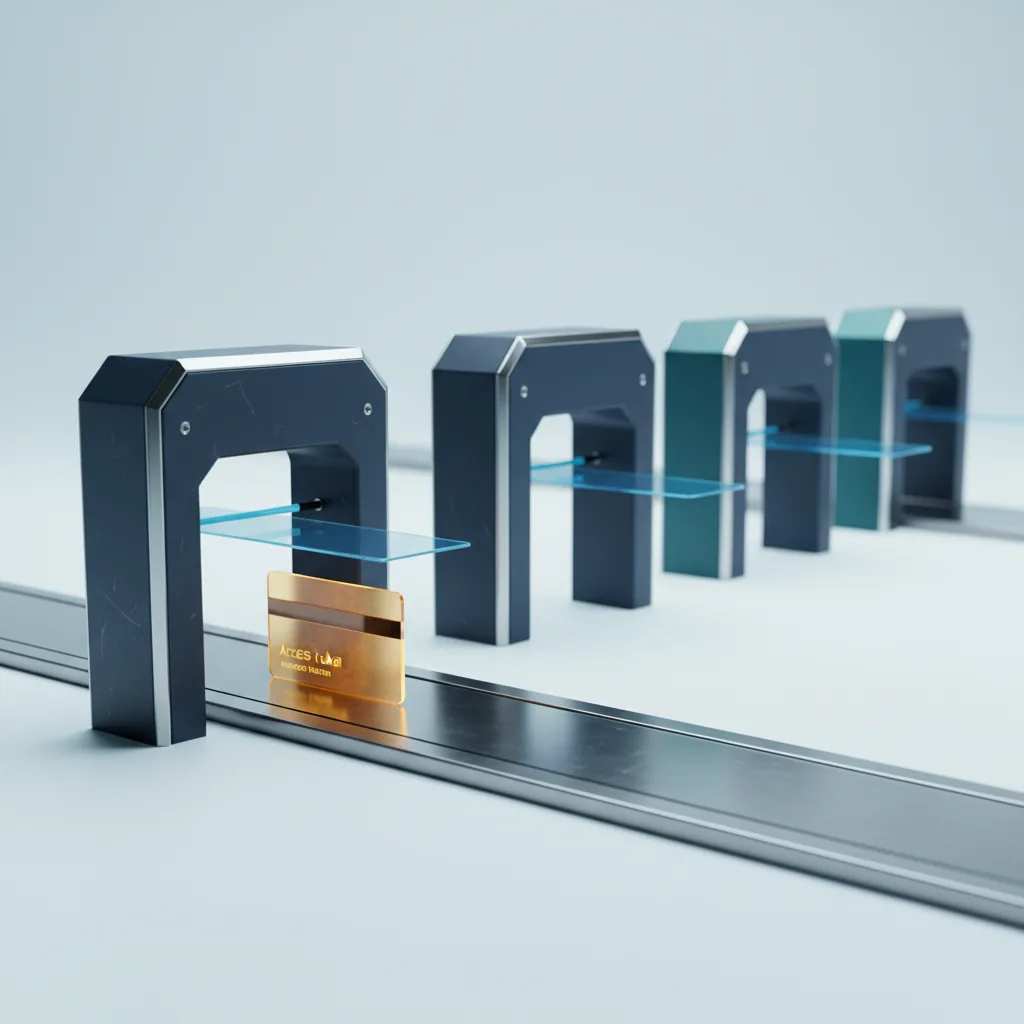 An access token re-verified at three sequential checkpoint gates, illustrating a phased zero-trust rollout for the German Mittelstand
